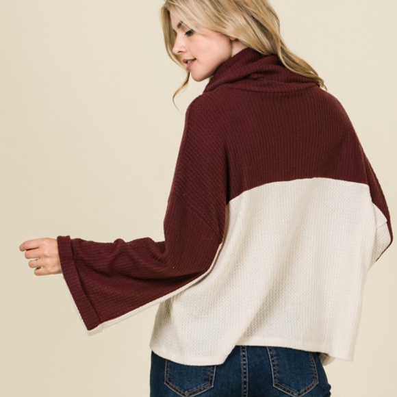 Lumiere 2 Tone Waffle Knit Sweater -Burgundy - Picture 2 of 5